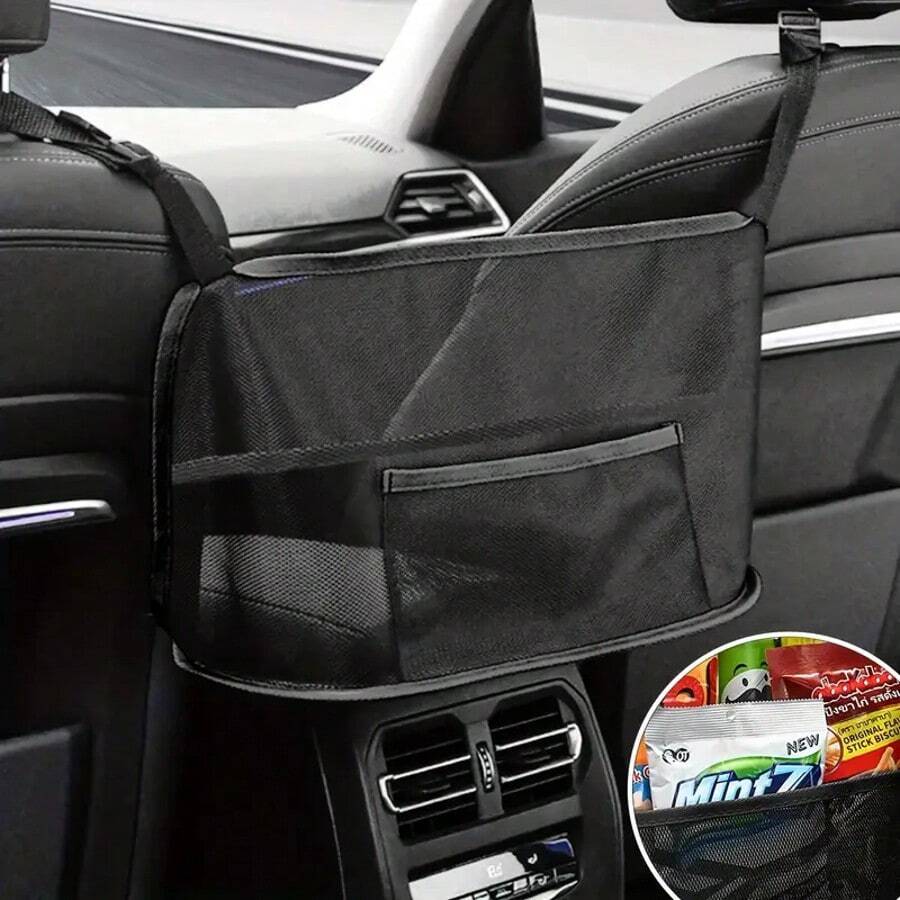 1pc Car Seat Back Storage Bag, Multipurpose Organizer Net Pocket Auto Accessories Summer Storage Organizer Gift - Web Label Plus Bag Black - View 1