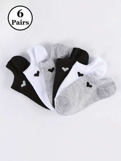 6双纯色心形短袜，男女通用，运动、休闲、商务日常穿着皆宜，圣诞礼物
