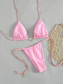 2 件套女士性感纯色心形系带吊带分体比基尼泳衣，夏季 - 粉色 - 查看 5