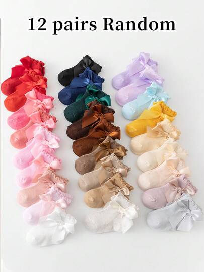 12pcs Bow Decorated Short Socks Suitable For 0-5 Years Old Baby Girls