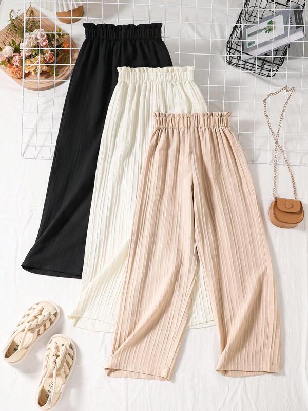 3 pezzi Pantaloni a gamba larga con vita elastica di colore solido per ragazze, dolci e versatili per l'estate all'aperto, casual e confortevoli per la primavera, adatti per bambine e giovani