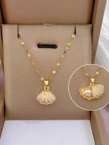 1pc Stainless Steel Micro Pave Cubic Zirconia Hollow Shell Pearl Necklace, No Box - Yellow Gold - View 1