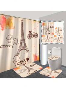 [1/4 peças Conjunto de Cortina de Chuveiro da Torre Eiffel] 1/4 peças Conjunto Elegante de Cortina de Janela do Banheiro, com 12 Ganchos, Acessórios de Decoração de Banheiro, Conjunto de Cortina de Chuveiro Impermeável de Poliéster, Adequado para Todas as Férias Volta às Aulas