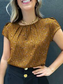 印花荷叶边衬衫，女士休闲短袖衬衫，春夏度假款 - 黃色 - 查看 1