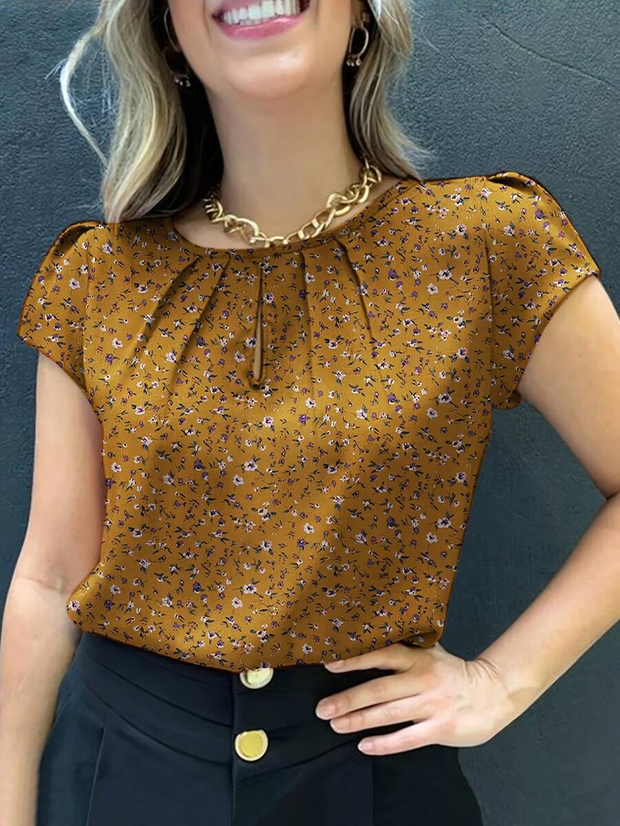 印花荷叶边衬衫，女士休闲短袖衬衫，春夏度假款 - 黃色 - 查看 1