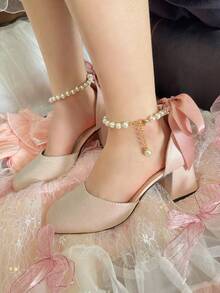 Teens' Square Toe Heels, Fashionable, Elegant, Comfortable Soft Material, Ribbon & Pearl Design, Basic Style Suitable For Various Occasions - Pink - View 4
