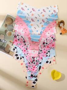 8pcs Women Seamless Panda Print Triangle Panties, Comfortable Fabric, Sexy Ruffle Trim Seamless Underwear - Multicolor - View 2