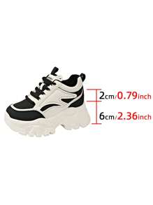 2025 New Black & White Women's Sports Shoes, Leather Upper, Internal Increased Height, Thick Sole Black Increased Height Sports Shoes, Platform Casual Women Shoes