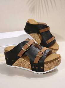 2025 Summer New European And American Fashion Double Buckle Rivet Decor Casual Plus Size Wedge Platform Slide Sandals