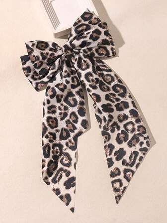 1 件装女童发饰大蝴蝶结发夹带长尾发带缎带豹纹发饰蝴蝶结发夹女童马尾辫发饰