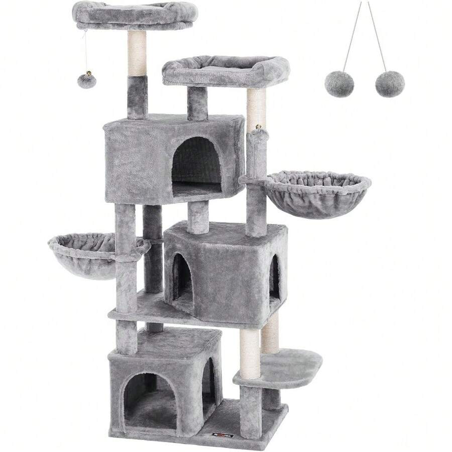 Cat Tree, Tall Cat Tower, 2 Caves, Light Grey - Light Grey - View 1