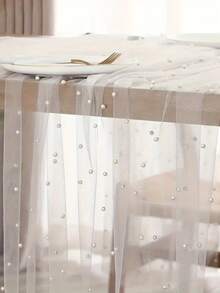 1pc Pearl Table Runner - Transparent Chiffon Fabric, Pearl Chiffon Decorated Table Runner, Beaded Tulle Cake & Dessert Tablecloth, Solid Color Elegant Background Cloth, Suitable For Weddings, Bridal Showers And Holiday Decor, Also Can Be Used For Wedding, Room Decor And Wall Decor. - Multicolor - View 4