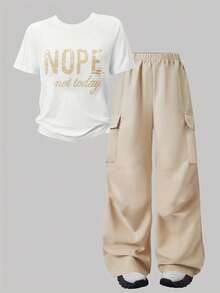全新休闲街头潮流青年套装，圆领字母印花T恤+工装裤 - 杏色 - 查看 3