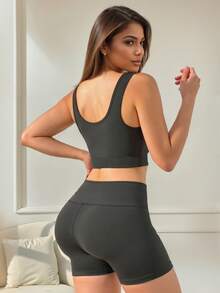 Speed mate Seamless Solid Color Crop Top & Shorts Compression Workout Set Workout Women Setwomen Workout Set - Black - View 5