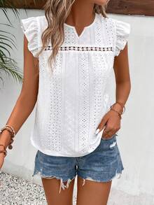 Schicke Damen Bluse mit Ausschnitt-Ausschnitt und Lochstickerei, weiße Webstoff-Bluse mit Volantärmeln und Rüschensaum, Regular Fit