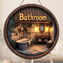 Decoração de Parede de Banheiro de Madeira Rústica - Placa Redonda Suspensa com Cena Interior Detalhada, Decoração Clássica de Casa para Espaço de Relaxamento, Sem Eletricidade, Arte de Parede de Banheiro | Decoração de Parede Decorativa | Decoração em Tom Terroso, Decoração de Banheiro