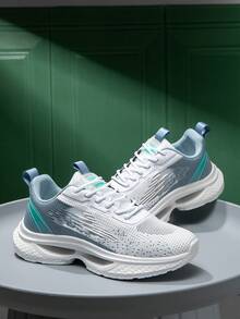 Men's Thick Sole Shock Absorbing Breathable Mesh Comfy Casual Sport Sneakers, Contrast Color Front Lace-Up Letter Decor Daily Outdoor Commuting Running Shoes - White Lake Blue - View 3