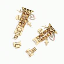 1条女士真皮绳吊坠不锈钢表带，兼容38/40/41/42/44/45/49mm Ultra/SE/8/7/6/5/4/3/2/1 - 金色 - 查看 5