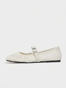 Bailarinas planas blancas para mujer con bordado floral, sandalias de verano con malla transpirable y recortes, diseño de punta cuadrada apta para pies anchos, estilo de tipo Mary Jane - Blanco - Ver 7