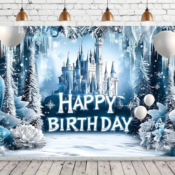 1pc Polyester Castle & Balloon Happy Birthday Backdrop, Blue Frozen Themed Photography Wall Decor, Indoor/Outdoor Party Banner, For Photo Booth, Anniversary Celebration