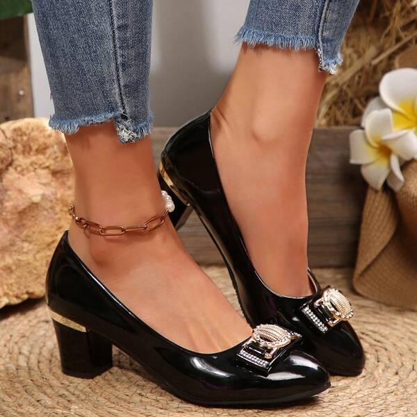 1 Pair Detail-Oriented Metal Decor Edge Chunky Heeled Slip-On Pumps, Suitable For Commute, Dates And All Seasons
