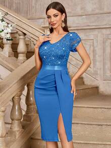 MIUSOL Elegant Sequin Lace Puff Sleeve Ruched High Slit Bodycon Cocktail Dress, Semi-Formal Women's Dress Suitable For Wedding Guests, Graduation Ceremonies, Galas And Other Occasions - Blue - View 5