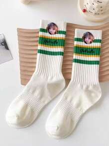 1Pair Striped Socks For Women's Mid-Tube Socks Ins Internet Celebrity Style Super Hot Versatile Sports Wear Solid Color Stockings Long Tube High Waist Personalized Text Customization