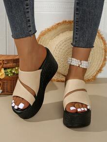 Women's Platform Sandals, Casual Open Toe Summer Shoes, Comfortable Double Strap Slide Sandals - Khaki - View 3