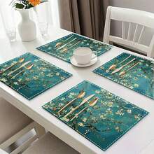 Vincent Van Gogh Apricot Blossom Design Placemats - Set Of 4/6, Linen, Washed, Rectangular Table Mats, 12.6x16.5 Inch, Perfect For Holiday Parties And Home Decor. - Multicolor - View 7