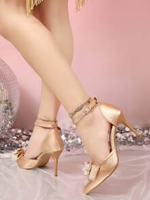 尖头高跟鞋，水晶装饰，蝴蝶结透明仙女带法式凉鞋，春夏新品，优雅女士高跟鞋，派对装扮，婚礼装扮 - 香檳色 - 查看 4