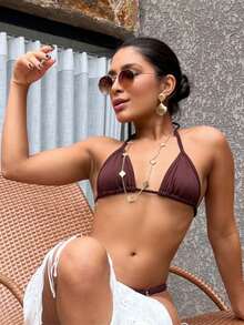 Sexy Tanning Bikini With Adjustable Thin Strap And Thong - 鏽棕色 - 查看 5