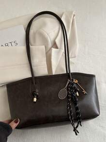 1 pieza Bolso de bolos de color marrón café acolchado con cremallera y unicolor de PU, grande y con capacidad, nueva moda con textura de fieltro, estilo retro de silla de montar para el hombro, adecuado para uso diario de mujeres