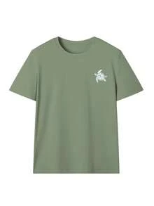 女士夏季新款简约可爱海龟印花休闲度假风宽松圆领杏色短袖T恤，时尚日常上衣，适合日常度假穿着，白色上衣 - 綠色 - 查看 5