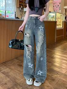 美国街头风格破洞宽松男友风牛仔裤，宽松阔腿设计