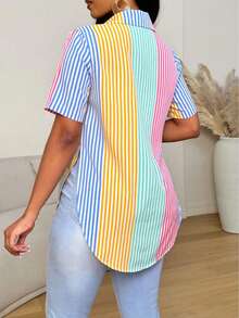 大码女式条纹印花翻领短袖开衩下摆衬衫 - 彩色 - 查看 2