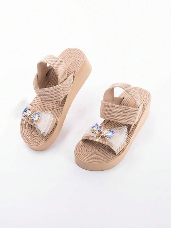 Women's Summer Wedge Sandals, Butterfly Crystal Decorated Slip-On Casual Sandals, Elastic Ankle Strap Open Toe, Lightweight, Fashionable, Minimalist, EVA Wedge Sandals, Suitable For Beach, Casual, Outdoor Wear