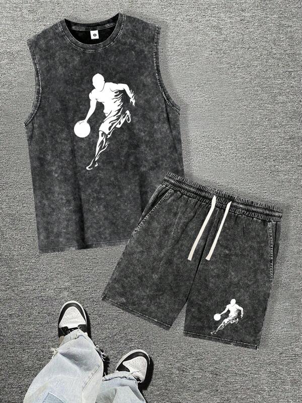 Men's Sleeveless Tank Top With Snow Wash Effect + Drawstring Waist Shorts Summer 2 Pieces Set, Suitable For Street, Gym, Outdoor, Hiking, Camping, Swimming, Beach, Jogging, Basketball With Printed Pattern