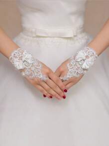 1 Pair Bridal Wedding Gloves, Bride Lace Embroidered & Rhinestone Decorative Open Finger Gloves