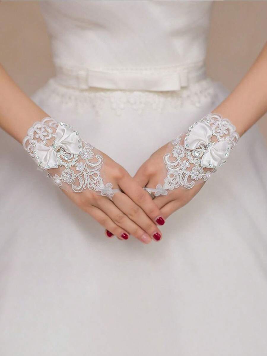 1 Pair Bridal Wedding Gloves, Bride Lace Embroidered & Rhinestone Decorative Open Finger Gloves