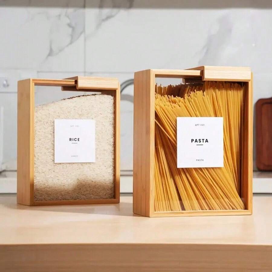 1pc Bamboo Wood And Acrylic Food Dispenser 101.44oz - Kitchen Organizer For Rice, Pasta, Cereals, Snacks | Sealed Pantry Storage Container With Clear Lid | Durable And Reusable, Kitchen Storage Solution|Modern Kitchen Accessory|Durable Bamboo Container, Bamboo Storage