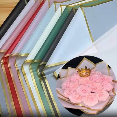 20 piezas de Papel de envolver con borde dorado y estampado floral, de 57 cm x 57 cm, impermeable, para florería, ramos, rosas, manualidades DIY, Día de San Valentín, Día de la Madre, fiestas de cumpleaños (disponible en múltiples colores: negro, rosa, blanco, morado, etc.)