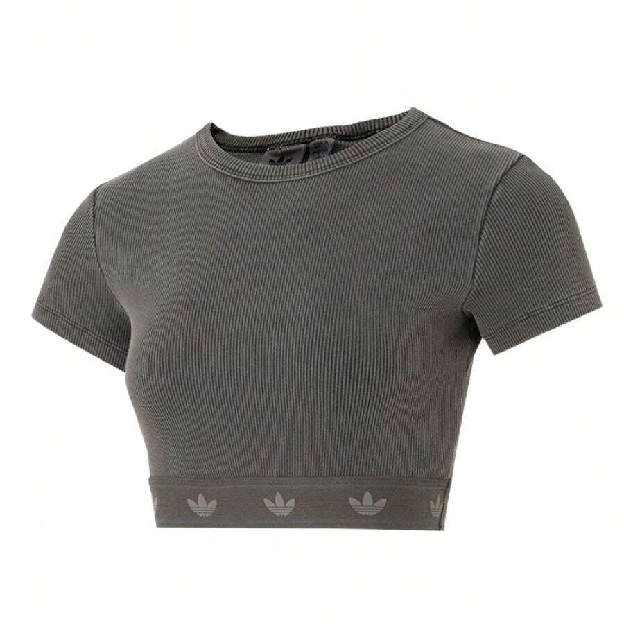 Adidas Originals RIB SS TOP 宽松圆领T恤，日常休闲女式半袖 JD0041 - 棕灰色 - 查看 1