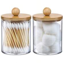 1/2/4pcs Round Plastic Makeup Organizer Containers With Wooden Lids, Bathroom Storage For Cotton Swabs, Makeup Pads, Puffs, Dental Floss