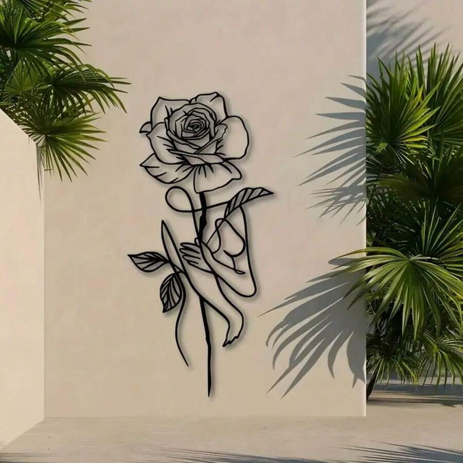 11.81-Inch Elegant Metal Rose Sculpture - Perfect Decoration For Outdoor Garden, Patio, Balcony, Living Room Wall Accent - Black - View 1