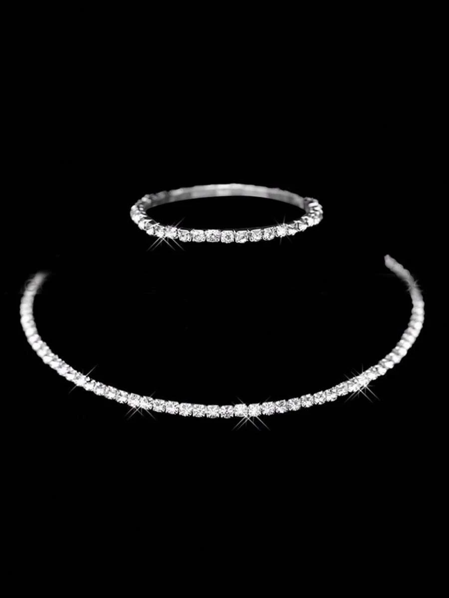 Women Fashion Rhinestone Necklace For Party,2Pcs/Set Necklace And Bracelet Jewelry Decoration Rhinestone Fashion Accessories Set,Women Alloy Pendant Necklace Bracelet And Earrings Set For Wedding And Bridal,Rhinestone Round Choker Necklace Gold/Silver - 手鍊/項鍊 1 圈 銀 - 查看 1