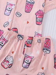 2pcs Girls Cartoon Milk Tea & Mushroom Print Short Sleeve Cardigan Pajama Set, Summer Thin Clothing For Children