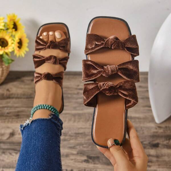 Vegan Flat Slip-On Sandals With Bow Decor, Stylish And Comfortable, Suitable For All-Day Wear, Available In Multiple Colors, Fashionable And Versatile