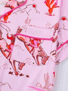 2 件套女式西部牛仔骑马数码印花睡衣套装，短袖上衣短裤，春夏季，翻领，纽扣休闲家居服套装 - 珊瑚粉 - 查看 4