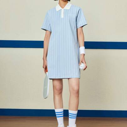 XTEP 特步连衣裙女装2024夏新款短袖Polo领翻领针织条纹修身运动连衣裙876228810099