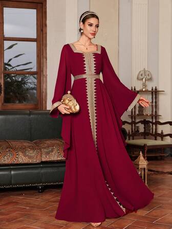 Kexmon Women's Square-Neck Heavy Embroidered Elegant Long Sleeve Long Arabic Style Dress,Modest